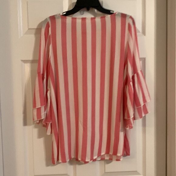 ODDY Size Small pink and white strap top with 2tier ruffle/bell sleeves. - Picture 2 of 8